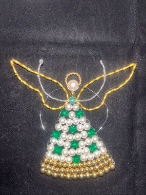 Handmade Gold and Green Beaded Angel Holiday Ornament